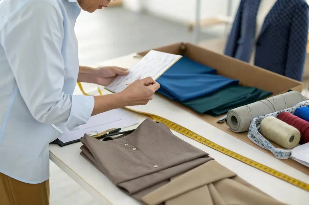 Clothing manufacturer inspecting fabric and garment details