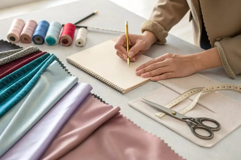 Fashion designer sketching ideas with fabric samples and sewing tools