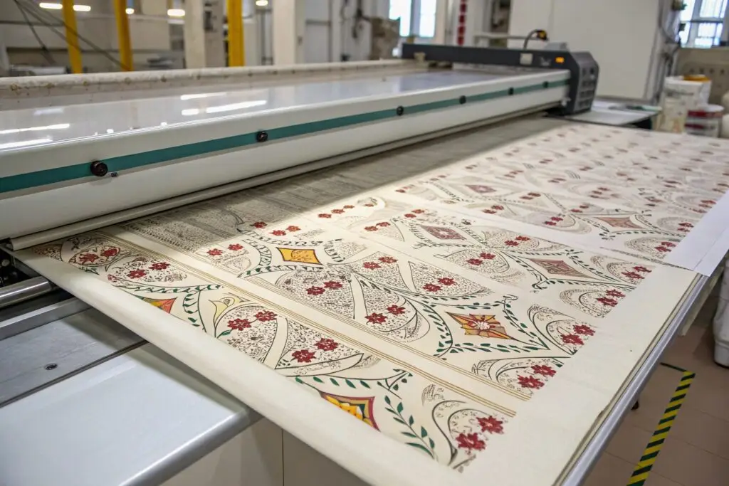 Fabric printing machine producing a strike-off sample