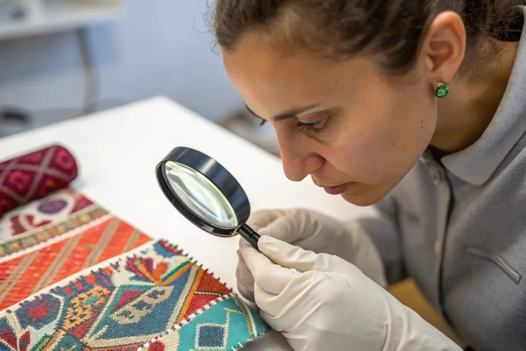 Fashion designer inspecting fabric with magnifying glass