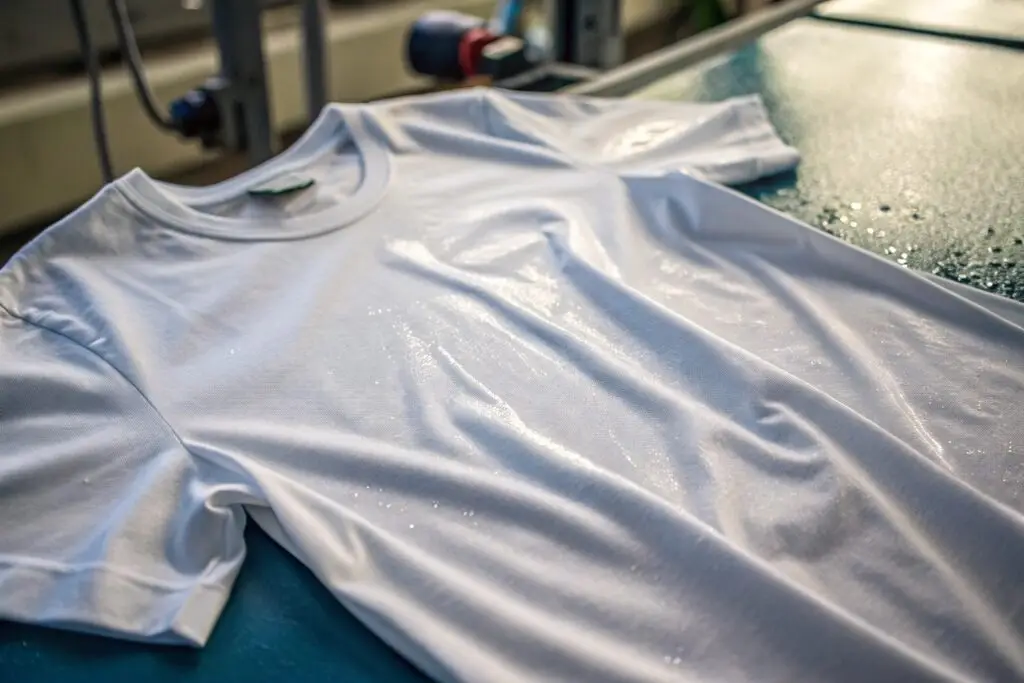 Close-up of a freshly unpacked t-shirt with a subtle sheen
