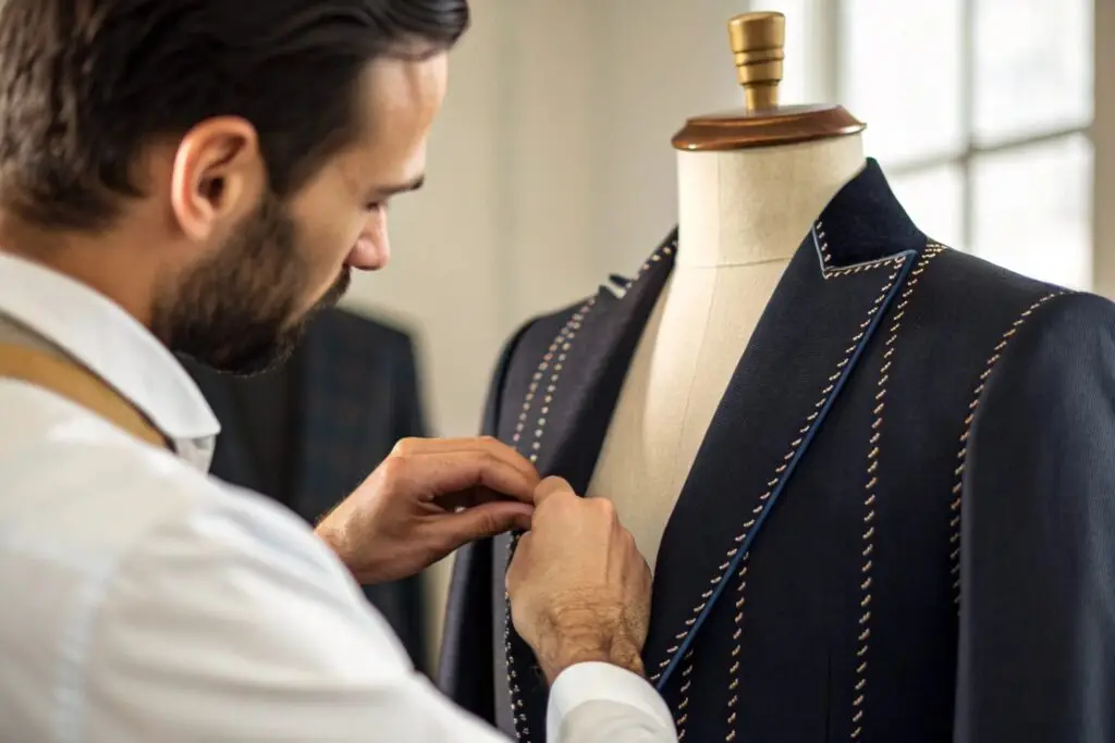Tailor carefully stitching a custom suit on a mannequin