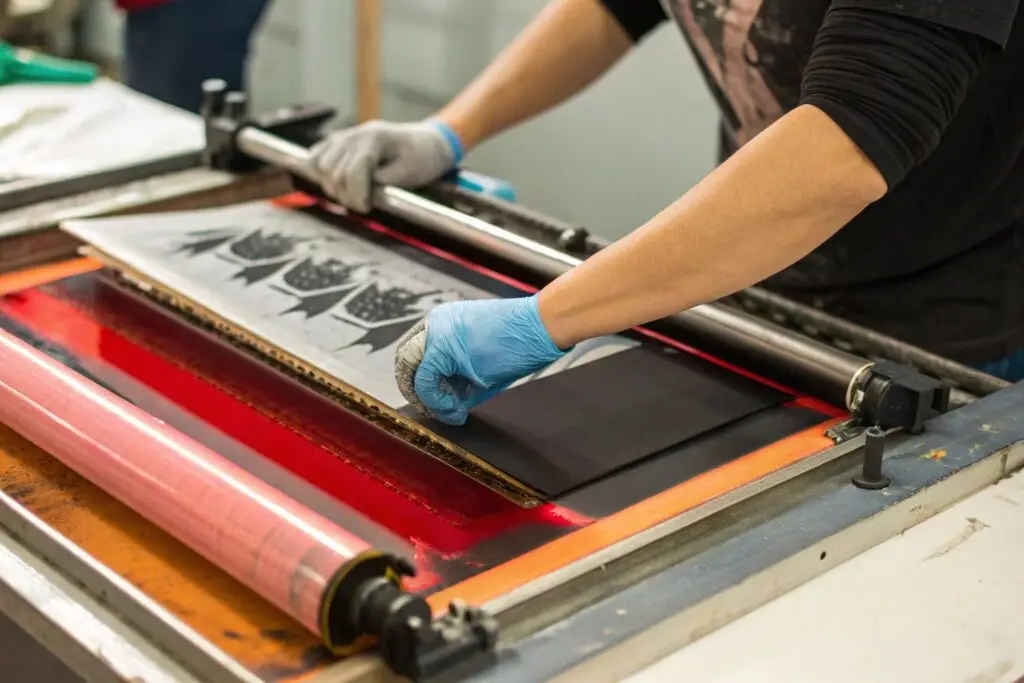 Close-up of a professional inkjet printer printing a detailed design on fabric