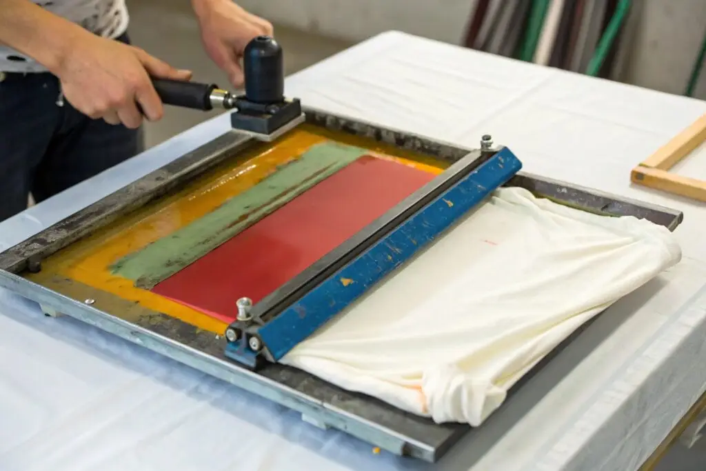 Close-up of essential screen printing equipment in action