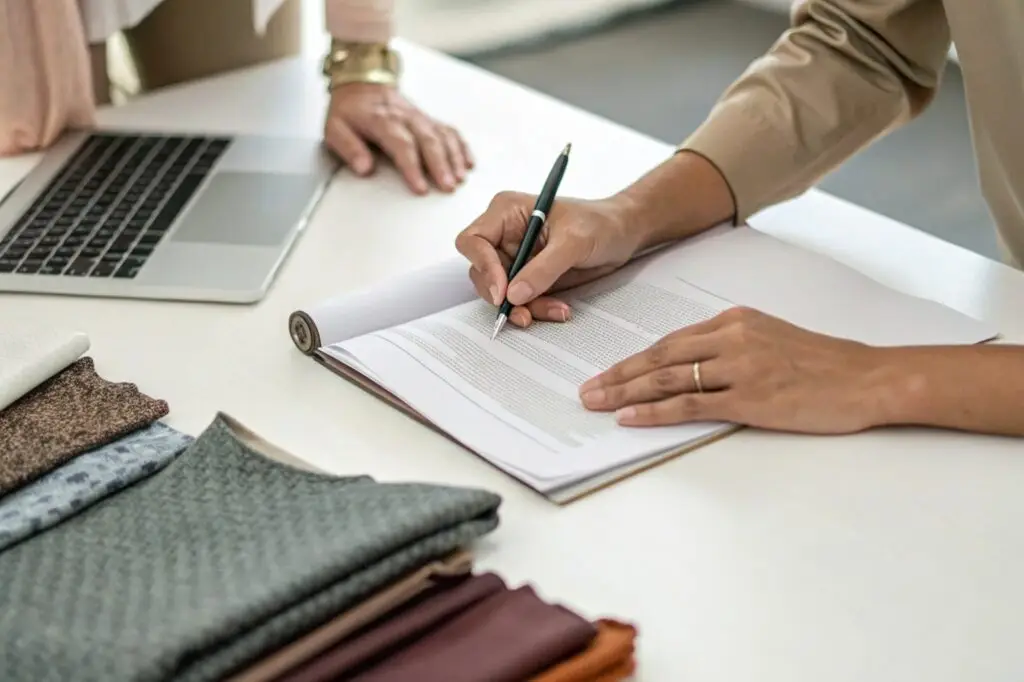Business contract signing with fabric samples on the table