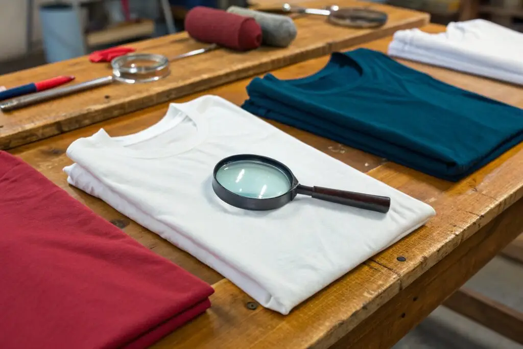 Close-up of folded t-shirts made from different fabric materials