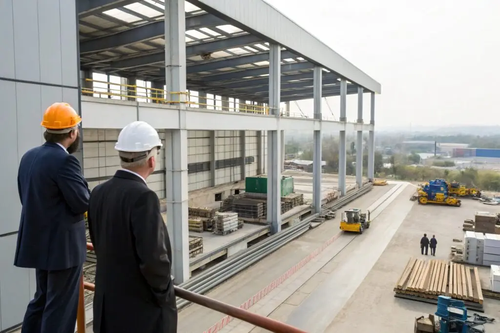 Business executives overseeing construction of a new facility for clothing manufacturing