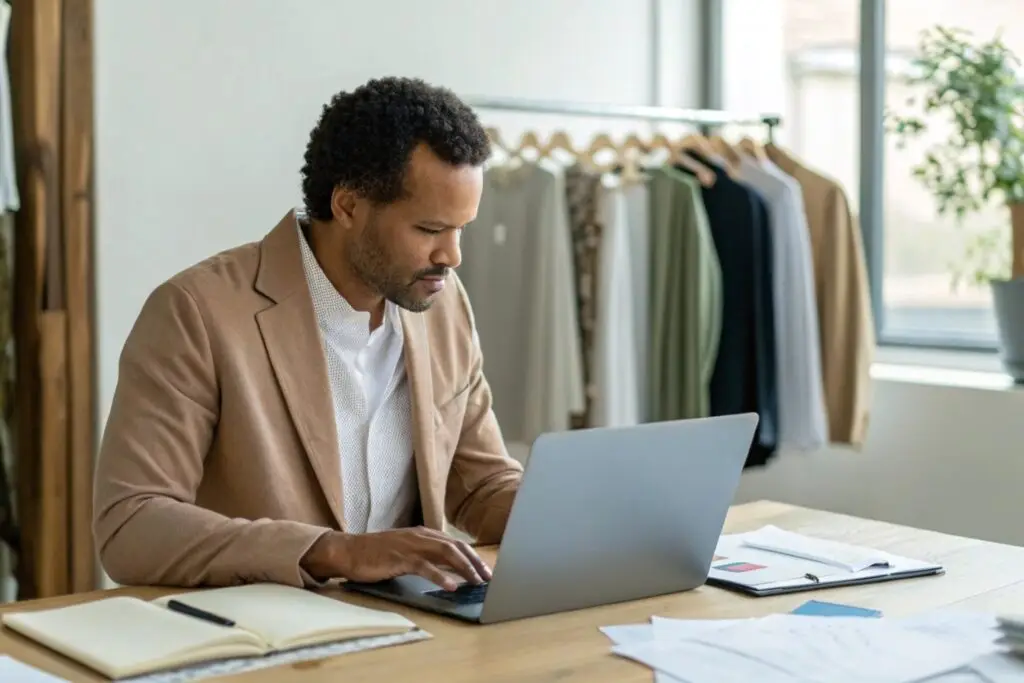 Clothing brand owner analyzing designs and fabric options on laptop