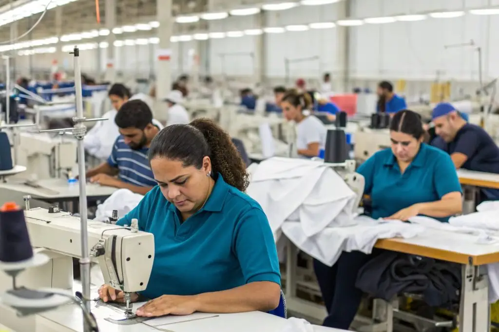Workers assembling clothing in a large factory, showcasing the production process