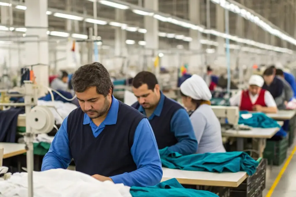 Workers sewing apparel in a well-organized clothing factory, showcasing skilled labor