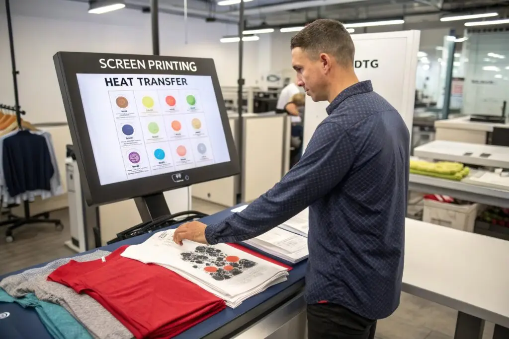 Clothing business owner reviewing printing options