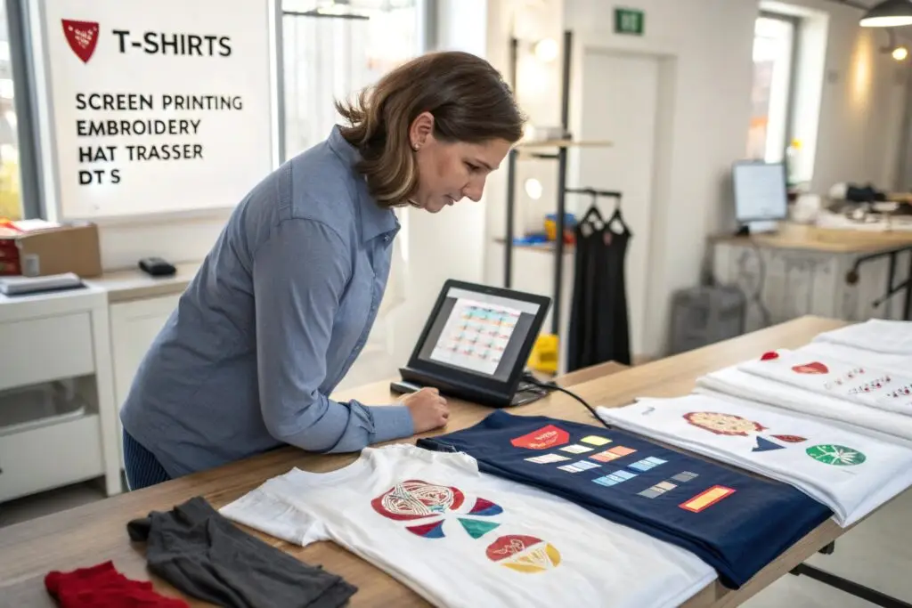 A clothing business owner in a well-lit studio reviewing custom t-shirt designs