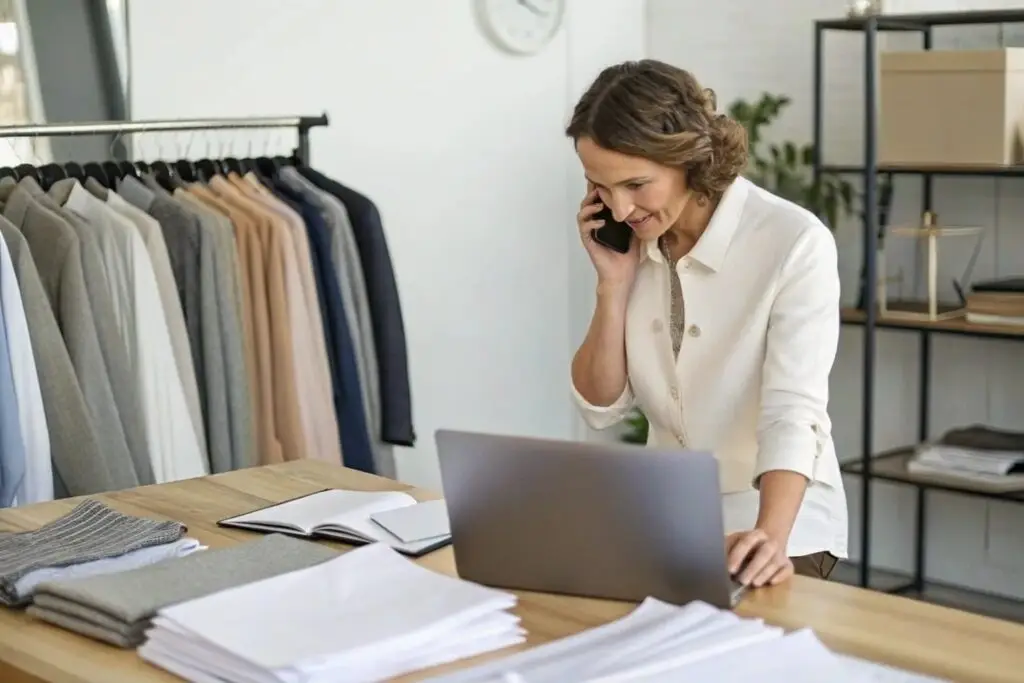 Clothing buyer reviewing fabric samples and making supplier call