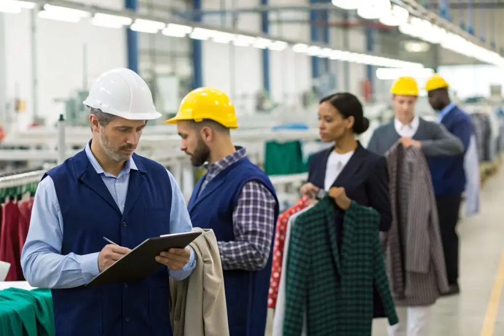 Clothing company management team overseeing production line, ensuring quality control