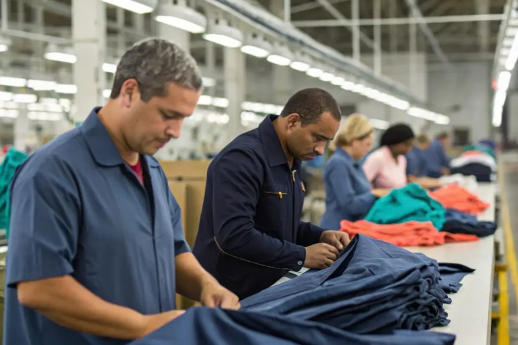 Clothing production workers folding garments at a manufacturing facility