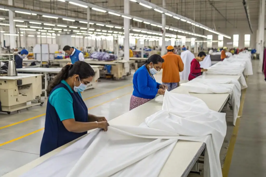 Workers assembling clothing in a large factory, showcasing the production process