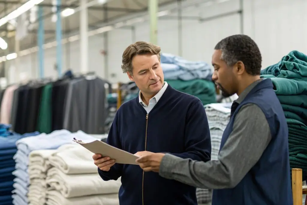 Factory manager discussing production details with client