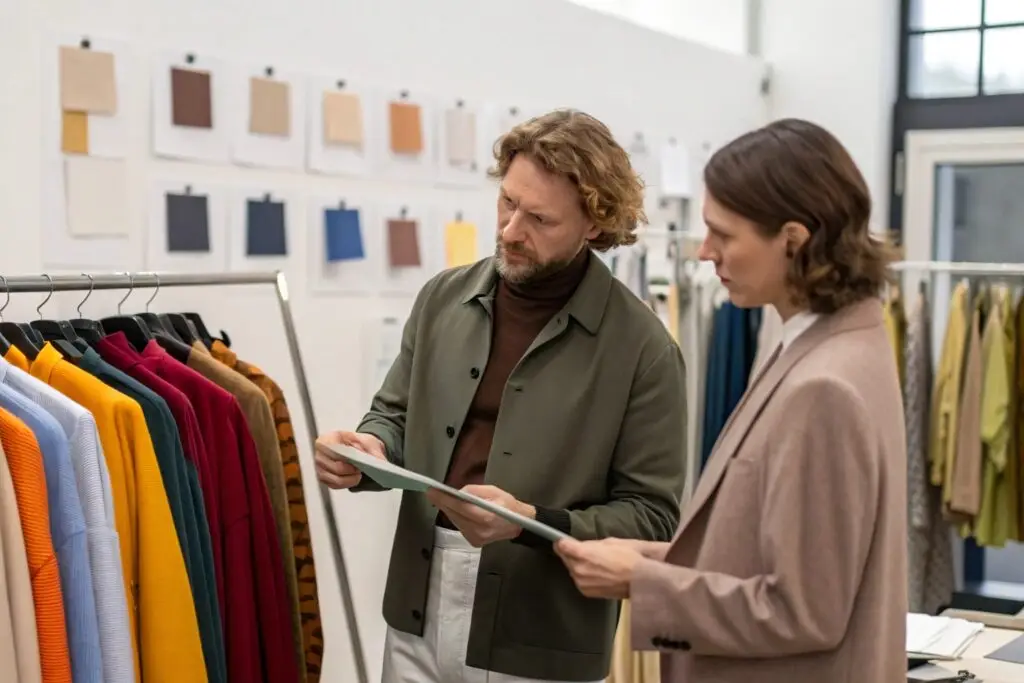 Designer and supplier reviewing fashion samples