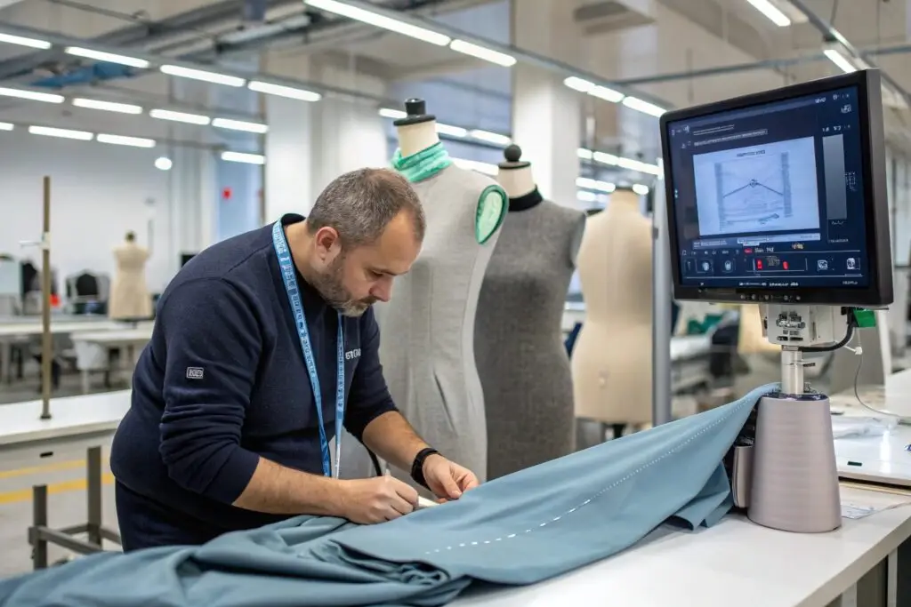 Clothing manufacturer inspecting freshly sewn fabric for precision and quality