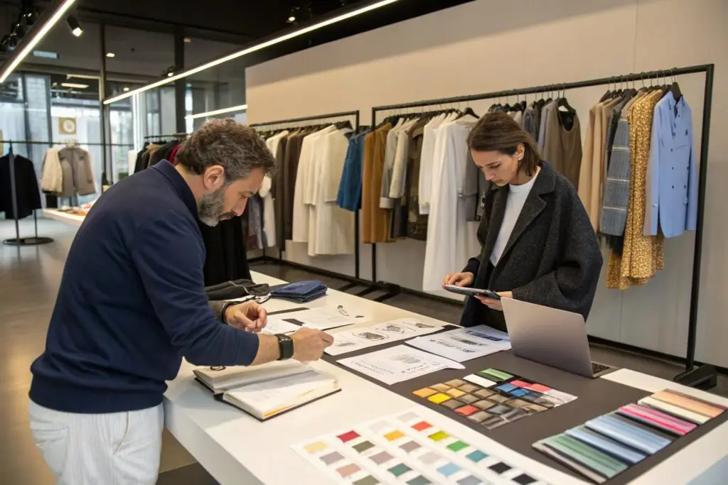 Fashion designers reviewing fabric samples in a showroom