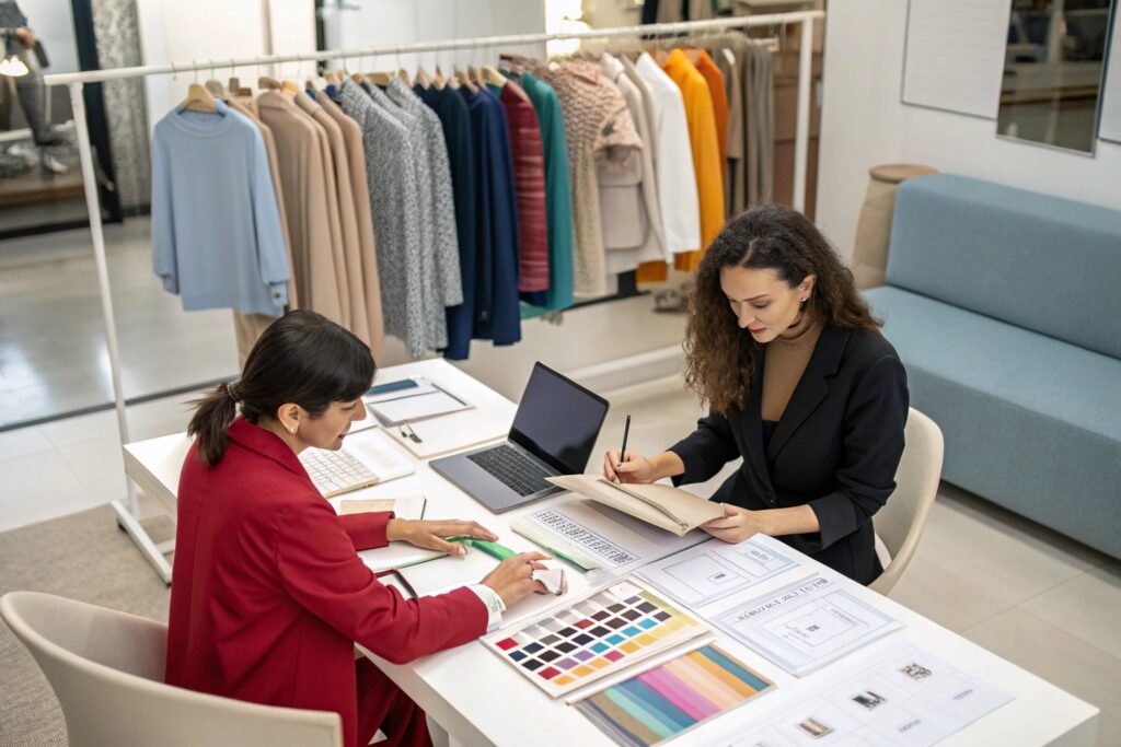 Fashion designers collaborating on new clothing collection