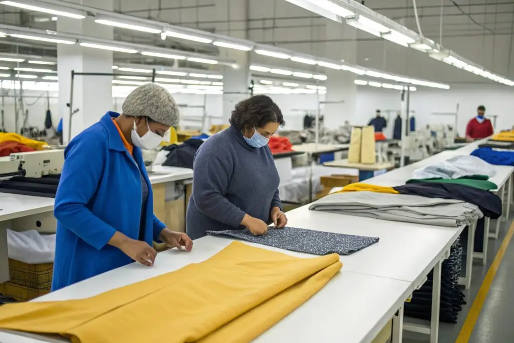 Garment workers inspecting and preparing fabric in a clothing factory
