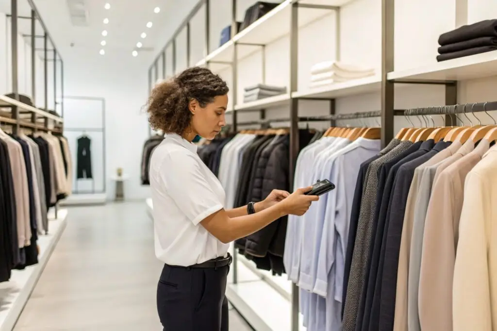 Retail worker scanning clothing items in a fashion store