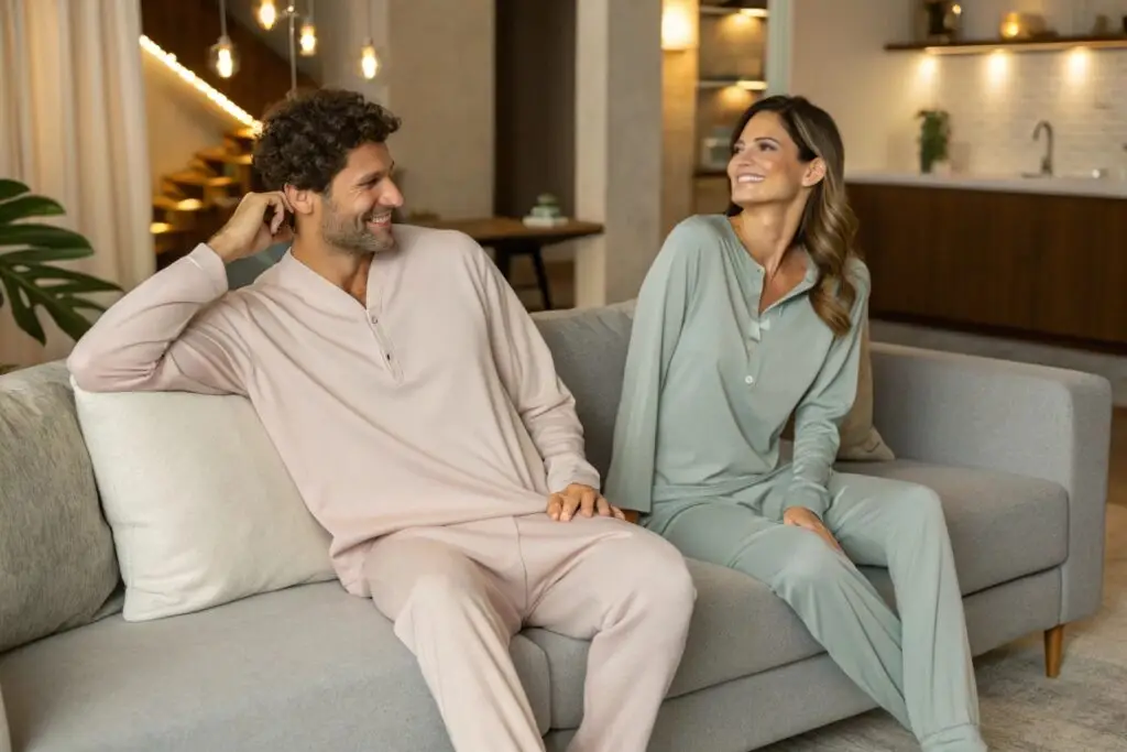 Couple wearing matching soft loungewear sets, cozy and stylish