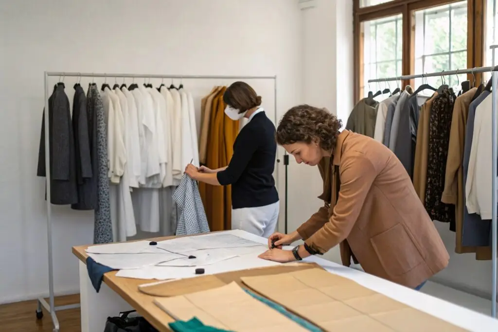 Fashion designers working in a compact clothing studio, focusing on garment patterns and fabric