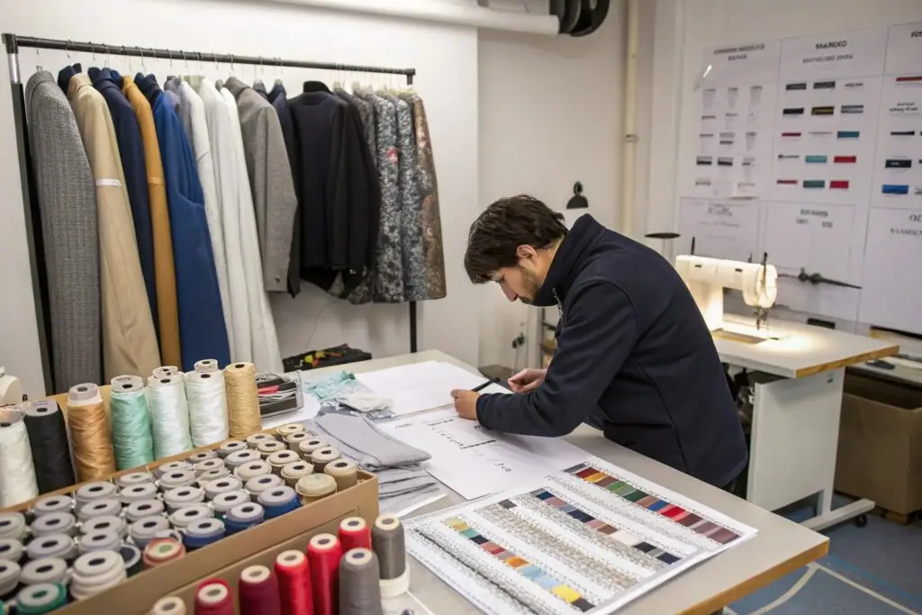 Tailor designing custom suits with fabric samples