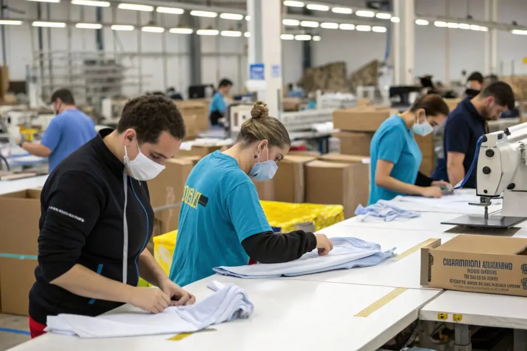 factory workers inspecting and folding finished garments before packing