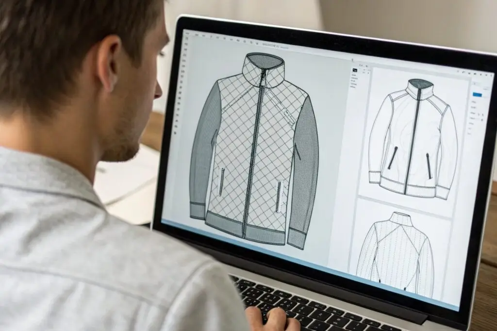Fashion designer creating a technical jacket sketch on a laptop