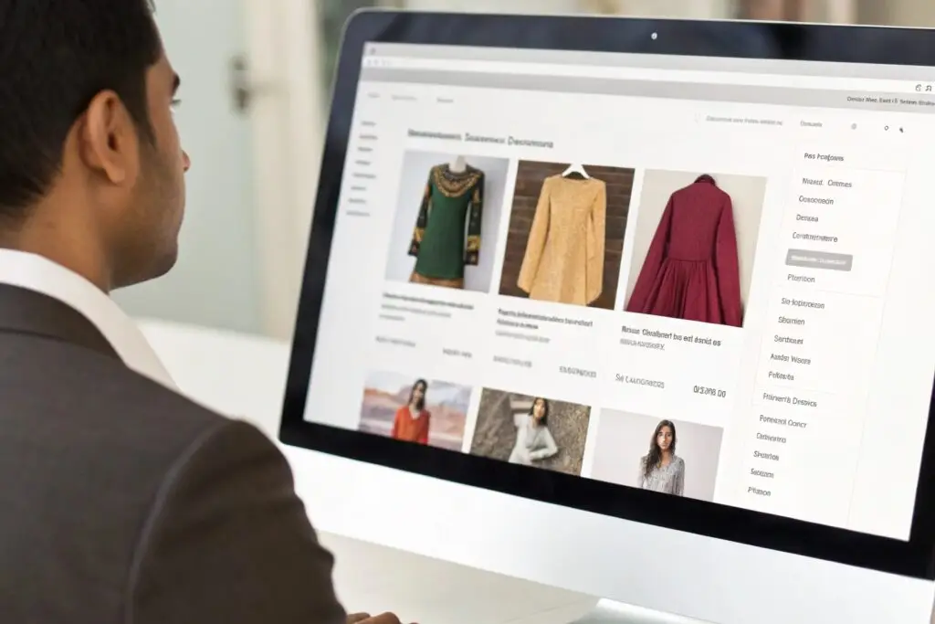 Business owner browsing clothing catalog on website