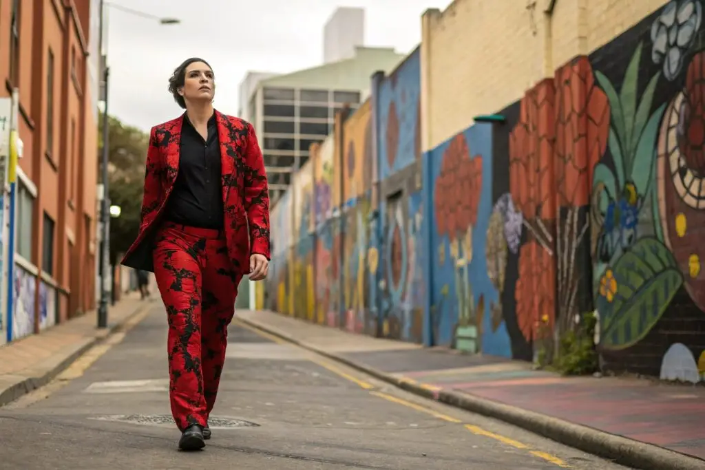 Person in red floral suit walking in urban alley