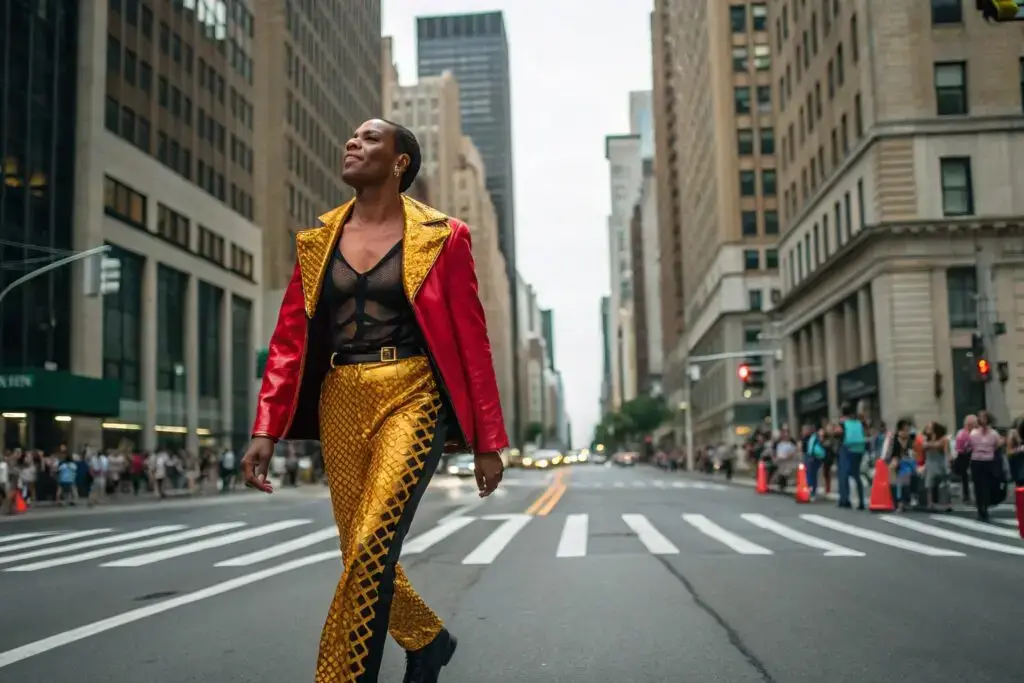 Person in gold and red outfit walking confidently in city
