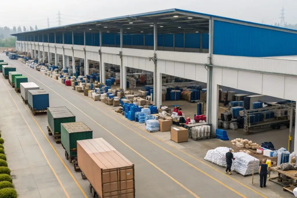 Textile logistics hub with trucks and packed materials outside factory