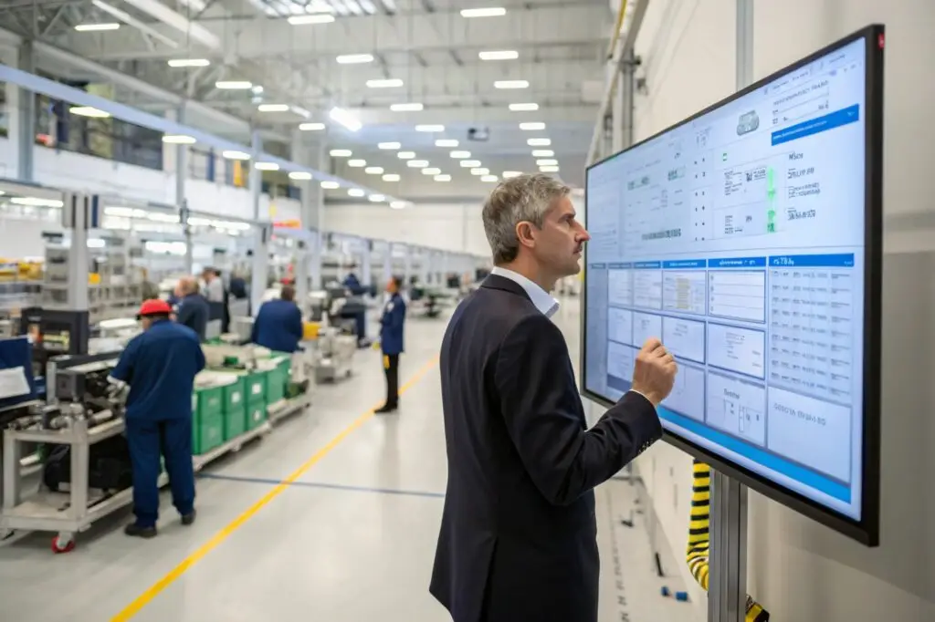 Factory manager analyzing production data on a digital screen
