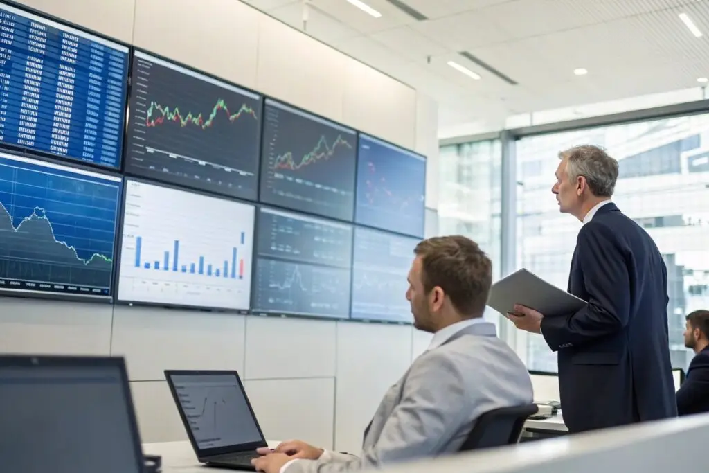 Business professionals analyzing financial data on multiple screens