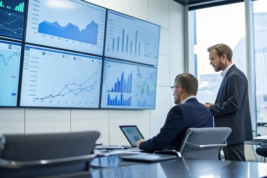 Business professionals analyzing financial charts on large screens