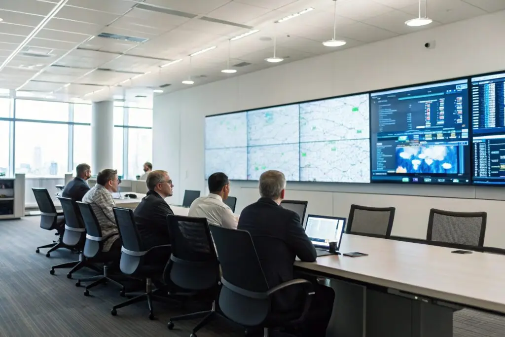 Business executives analyzing global data in a conference room