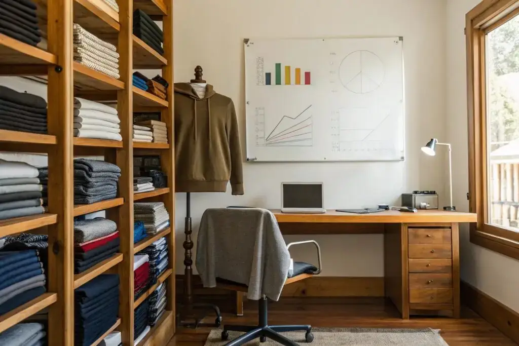 Organized fashion workspace with clothing inventory and business analytics