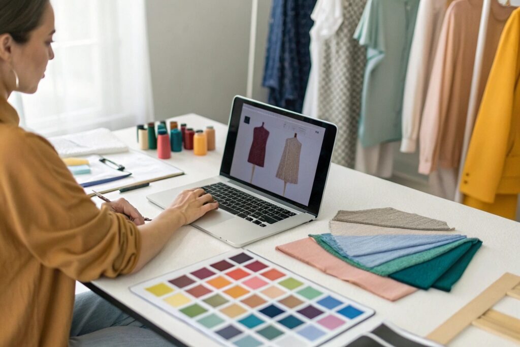 Designer selecting fabric and color options on laptop