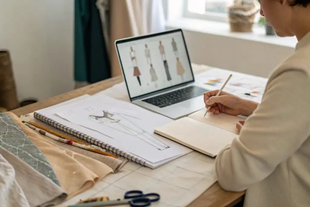 Creative entrepreneur sketching clothing designs at desk