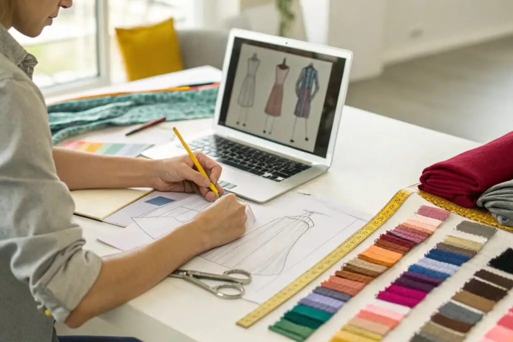 A creative entrepreneur sketching clothing designs on a desk with fabric swatches and a laptop