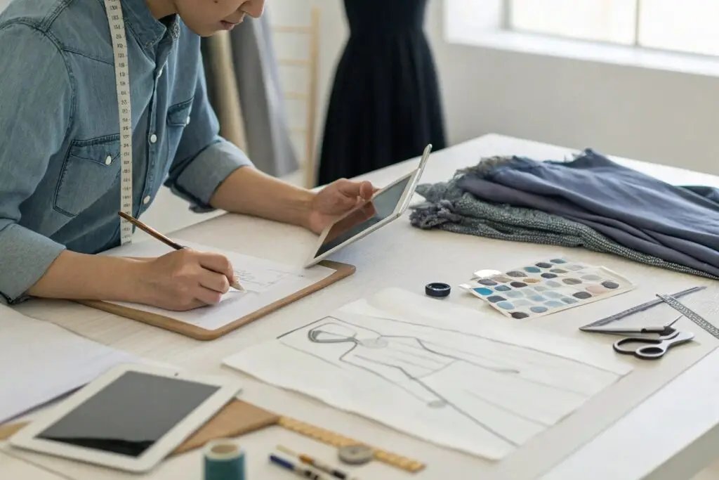 Designer sketching apparel design with tablet and fabric samples