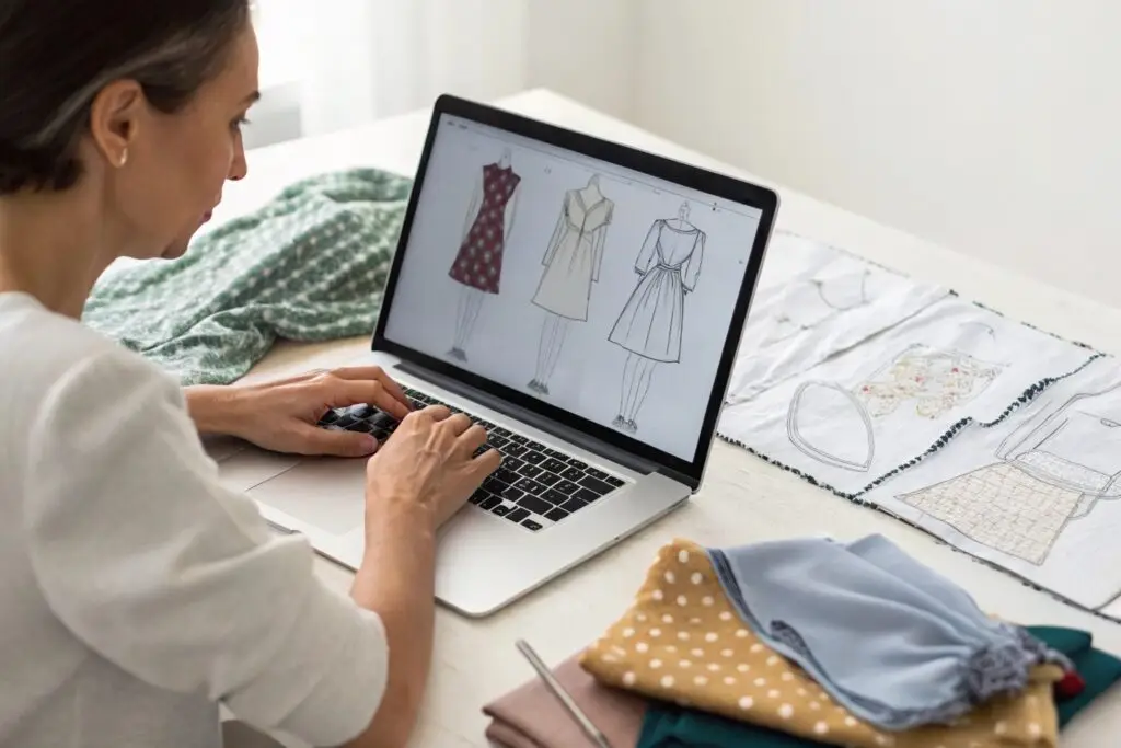Creative entrepreneur designing clothing on laptop