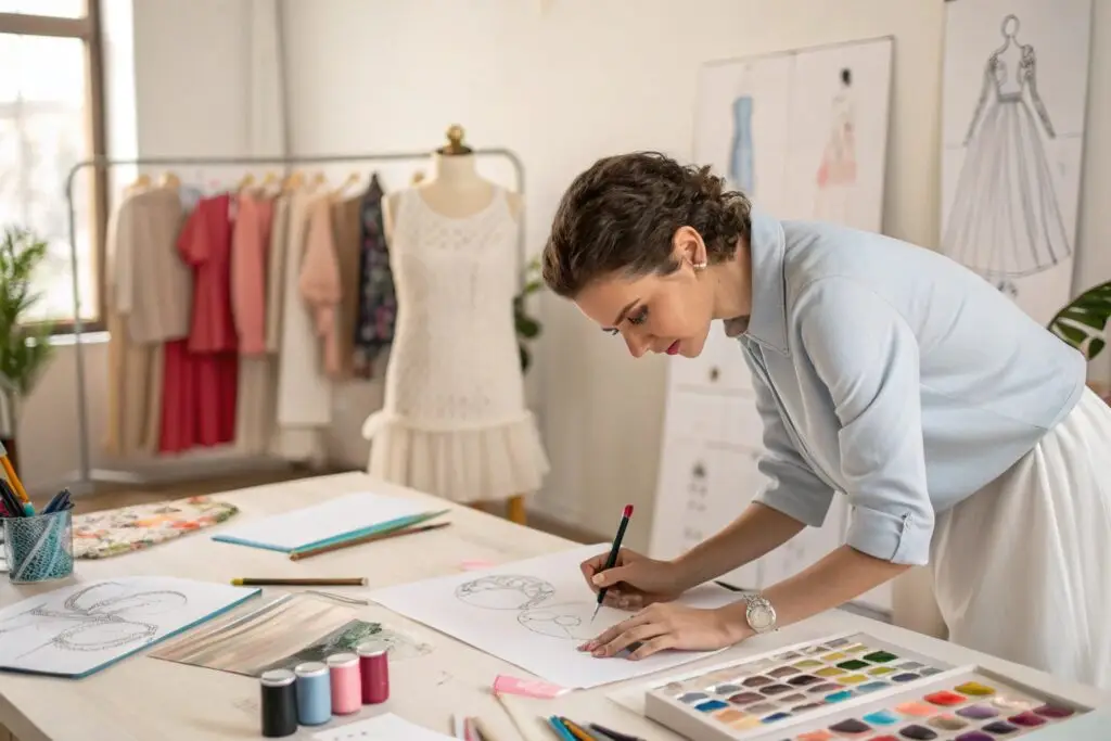 Fashion designer sketching dress concepts in a creative studio