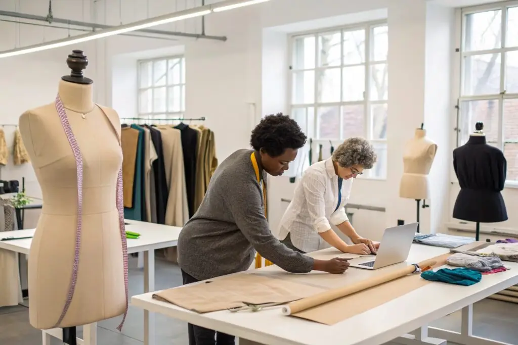 Designers working together in a creative fashion studio, sketching and planning