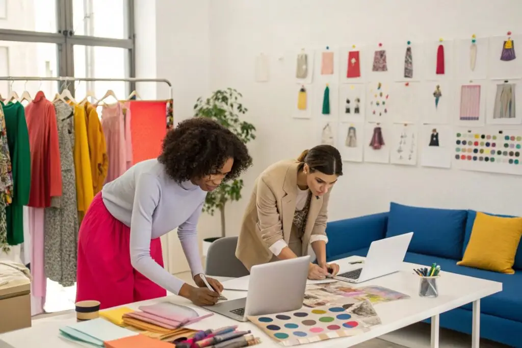 Fashion designers working on clothing sketches and color palettes