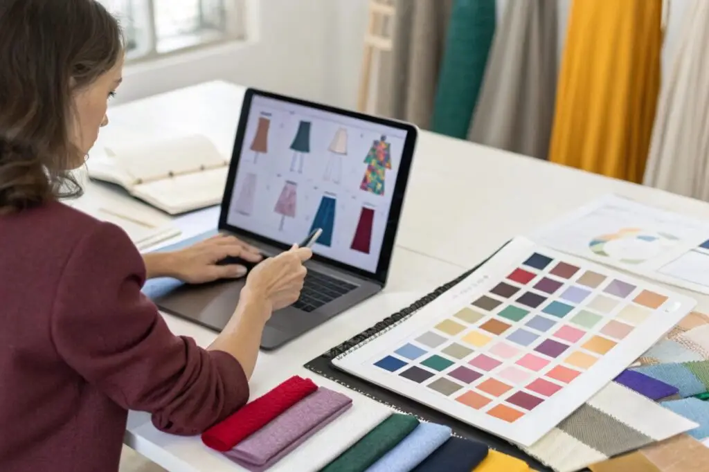 Fashion designer selecting fabric colors and digital sketches